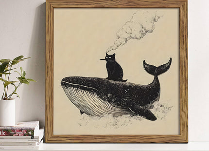Framed Funny Black Cat and Whale Canvas Wall Art, Whimsical Minimalist Animal Painting Wall Decor, Smoking Kitty Ocean Poster Print Picture for Bedroom Living Room Bathroom Home 16x16 Inch
