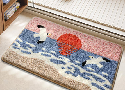 WREWING Beach Sunset Plush Bath Mat, Wave & Seagull Non-Slip Rug with Non-Slip Backing, Soft Absorbent Polyester Floor Mat for Bathroom, Machine Washable Bath Mats 20 x 31 Inches (Red)