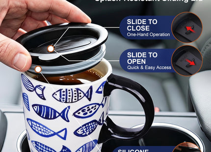 Topadorn 17oz Coastal Ceramic Travel Mug with Handle, Fish Folk Art
