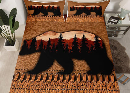 Rustic Bear Queen Bed Sheets For Men,Hunting Woodland Animal Bed Sheet Set Country Brown Patchwork Cowhide Fitted Sheet Farmhouse Flat Sheet Trees Silhouette Wooden Board Decor Bedding 2 Pillow Cases