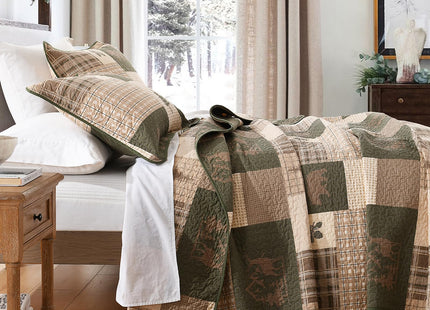 SahSahCasa 100% Cotton Quilt Set Queen Size, Farmhouse Reversible Rustic Lodge Cabin Quilt Bedspread Bedding Set, Lightweight Comforter for Queen Bed, 3pcs, Beige/Grayish Green/Brown