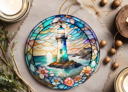 Stained Ceramic Lighthouse Ornament - Christmas Tree Ornaments - Christmas Decorations - Lighthouse Decor for Office, Room, Home - Holiday Present Ideas