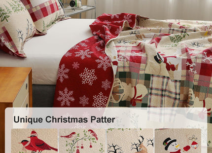 CHESITY Christmas Quilts Set Queen Size Reversible Xmas Bedding Rustic Lodge Quilt Plaid Bedspread Breathable Snowmen Reindeer Coverlet Soft Lightweight Christmas Bedding Decor(90"x90")