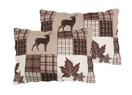 Marina Decoration Rich Printed Embossed Pinsonic Coverlet Bedspread Ultra Soft 2 Piece Summer Quilt Set with 1 Quilted Sham, Brown Cabin Maple Deer Plaid Pattern Twin/Single Size
