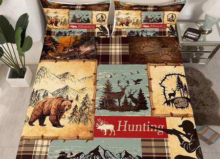 Erosebridal Rustic Patchwork Sheet Set Queen Size, Hunting Deer Bear Bed Sheets Set with Footprint, Geometric Wildlife Motion Grid Sheets for Boys Adults Wildlife Printed Bed Set Bedroom Decor