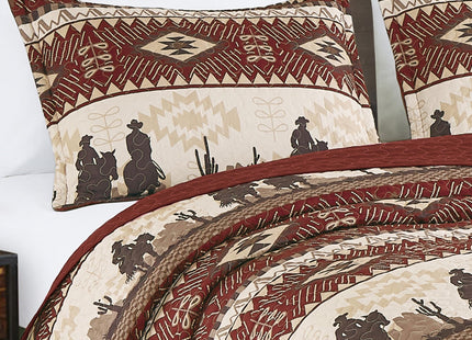 WPM World Products MART Western Beige/Burgundy Cowboy Desert Southwestern Print Bedspread 3 Piece west Theme Cabin Lodge Ranch Design Coverlet Quilt Set-Kadence 22366 (Spice, Queen)