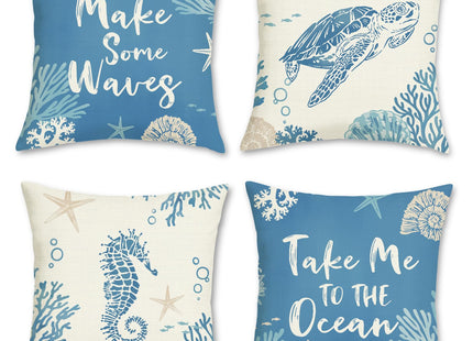 Bonhause Ocean Coastal Throw Pillow Covers 18 x 18 Inch Nautical Beach Blue Turtle Seahorse Starfish Decorative Polyester Linen Cushion Cases for Summer Outdoor Sofa Couch Home Decor Set of 4