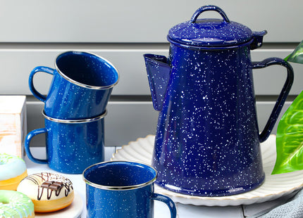 Dandat 60 oz Enamel Coffee Pot Set with 6 Pcs 12oz Mug, Blue Campfire