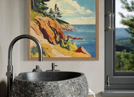 Maine Rocky Coastlilne Wood Framed Wall Art Print Poster, State Painting Photo Artwork Wall Decor Nature Landscape Bedroom Bathroom Living Room 165C (Maine Rocky Coastlilne, 14"L x 11"W, Wood Frame)