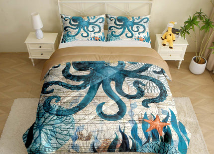 MUSOLEI Ocean Comforter Set Queen Size Four Seasons Quilt Kids Octopus Bedding Collections Soft for Teen Boys Turquoise Ocean Themed Mediterranean Style Printed Quilt Set Kids Gift
