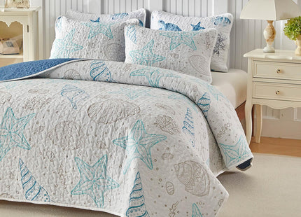 Coastal Quilt Sets Queen Size - Reversible Microfiber Ocean Style with Starfish Scallop Shell Soft Beach Bedding Nautical Bedspread Coverlet Summer Comforter with 2 Shams