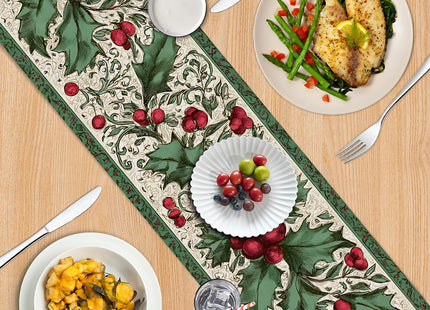 Christmas Table Runners and Placemats Set of 6, Holly & Berries Design, Green & Red, Perfect for Holiday Dining, 7-Piece Christmas Table Decoration
