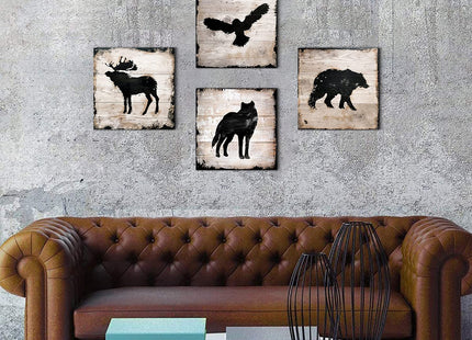 Rustic Animals Silhouette Cabin Wall Decor Wildlife Wall Art Woodland Nursery Bear Pictures for Living Room Farmhouse Moose Wolf Eagle Deer Poster Canvas Artwork Bedroom Lodge Home Decoration 12x12 4P