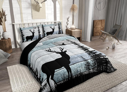 Western Bedding Set for Men Women,Rustic Deer Comforter Sets for Boys Teens Kids,Cabin Farmhouse Hunting Quilt King Size,Pine Trees Rustic Striped Down Comforter Set Wildlife Animal Print Duevt Insert