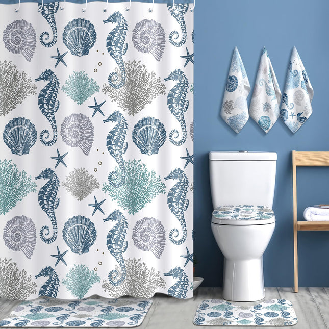 Newwiee 7 Pcs Nautical Coastal Shower Curtain Set with Non-Slip Mats Bathroom Set with Shower Curtain and Towels Toilet Mat Waterproof Watercolor Bathroom Decor Bath Accessories