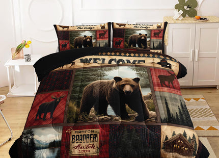 AILONEN Rustic Bear Comforter Set Queen Size,Cabin Plaid Bear & Deer Hunting Bedding Set 3 Pieces,Wildlife Woodland Themed Duvet with 2 Pillowcases
