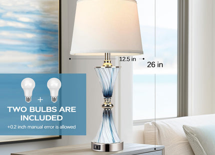 Hamucd 3-Way Dimmable Touch Glass Table Lamps for Bedrooms with 2 USB Ports Set of 2 Coastal Beach Bedside Lamps for Contemporary Modern Night Stand Lamps with 2 LED Bulbs for Lighting Decor