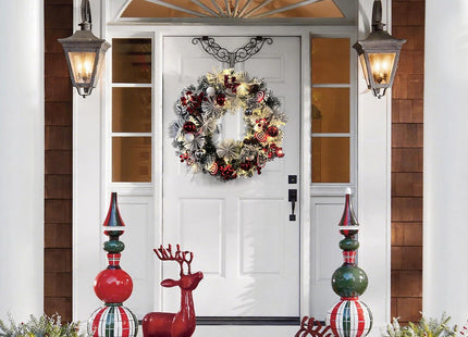 Christmas Wreath for Front Door, 18 Inch Prelit Christmas Wreath with Timer, Warm LED Light, Red Berries, Snow, Pinecone, Candy Cane, Lighted Xmas Decorations for Indoor Outdoor Xmas Collection