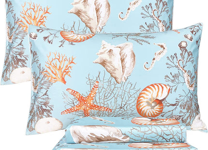 ABREEZE 100% Egyptian Cotton Sheet Set Queen Beach Themed Bedding Sets Coastal Bedding Seashells and Starfish Nautical Bedding with Deep Pocket Fitted Sheet 4-Pieces