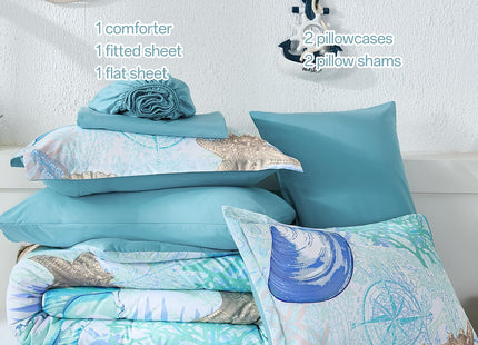 Xruibed Coastal Comforter Set Queen Size, Beach Coral Themed Bed in a Bag, 7 Pieces Ocean Nautical Seaweed & Starfish Soft Summer Comforter Bedding Sets for All Seasons(90"×90")