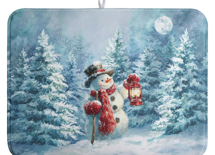 Winter Blue Snowman Dish Drying Mat Christmas Pine Tree Large Kitchen Mats Dish Drying Pad Xmas Absorbent Dish Dryer Mat for Kitchen Countertops Microfiber Drainer Pad Dish Drying Mats (18x24 in)