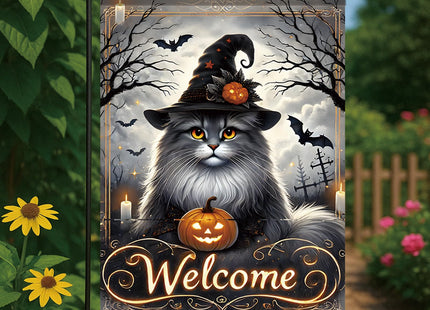 Starlit Patio Halloween Welcome Garden Flag Maine Coon Cat 12x18 Inch Double Sided Witch Pumpkin Outdoor Yard Flag, Spooky Farmhouse Porch Lawn Gothic Halloween Decorations for Cat Lovers