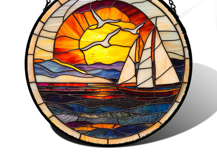Ocean Sailboat At Sunset Stained Glass Window Hanging Suncatcher Gifts 7.8"