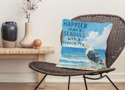 VRW Coastal Beach Seagull Throw Pillow Covers 18x18, Funny Happier Than a Seagull with a French Fry Decorative Pillow Covers for Home Bedroom, Ocean Beachy Room Decor Accent Pillows Cover Pillowcases
