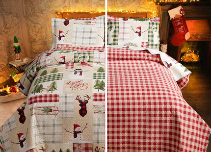 Buffalo Plaid Patchwork Cabin Reversible Quilt Set - Queen Size Bedding - Lightweight Christmas Bedspread & Coverlet - Holiday Home Decor