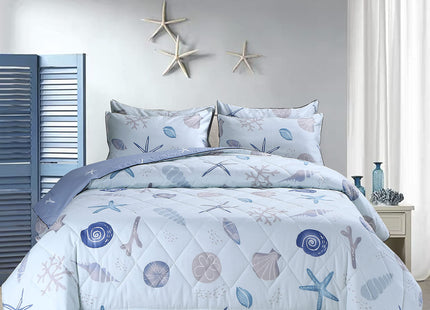 FADFAY Beach Comforter Set King 3Pcs Ocean Coastal Quilt 100% Cotton Fabric & Microfiber Filled Summer Nautical Bedding Light Blue Cool All Season Lightweight Reversible Down Alternative Duvet Insert