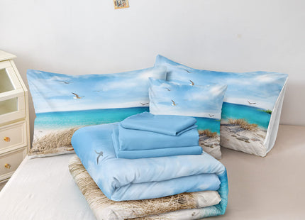 Coastal Queen Size Beach Bedding - 8 Piece Bed in a Bag - Blue Island Scenery Design - Comforter Set with Sheet Set