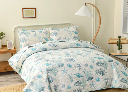 Hailea Ocean Quilt Set Full/Queen Size Coastal Beach Theme Bedding Lightweight Reversible Starfish Seashell Conch Bedspread Coverlet Seaweed Coral Bed Cover with 2 Pillow Shams