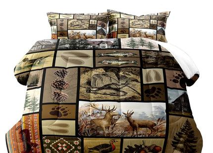 LUVIVIHOME 3PCS Rustic Lodge Comforter Set Full Size, Fish Bear Deer Cabin Bedding Set for Men, Forest Animals Elk Moose Duck Wildlife Hunting Fishing Farmhouse Country Patchwork Quilt, 2 Pillow Shams