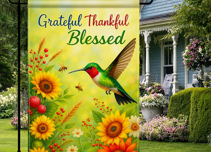 BlissYard Grateful Thankful Blessed Hummingbird Flag 12x18" Burlap