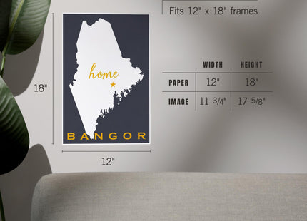 Lantern Press Bangor, Maine, Home State, White on Gray, 12x18 Inch Art Print, Home Decor⁠
