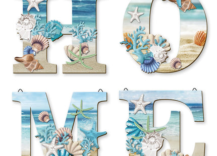 4 Pcs Wood Home Signs - Coastal Beach Style Signs With Blue Starfish and Shell Wall Decor for Home, Living Room, Kitchen, Bedroom