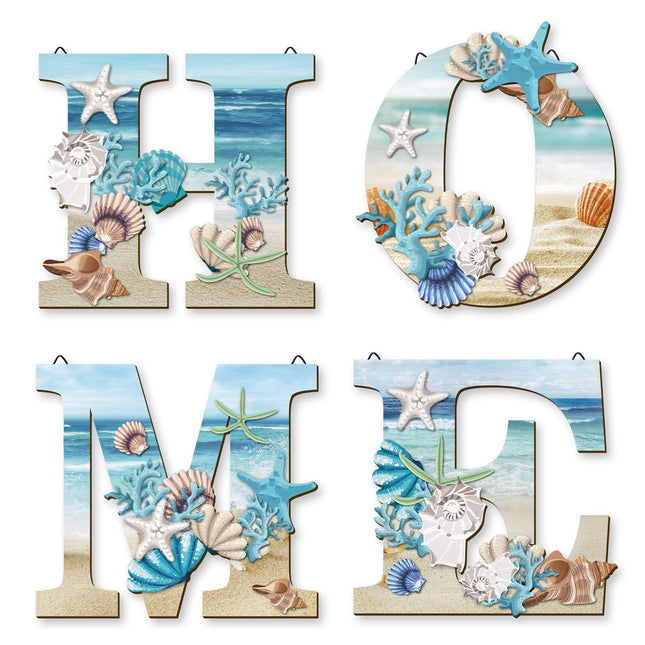 4 Pcs Wood Home Signs - Coastal Beach Style Signs With Blue Starfish and Shell Wall Decor for Home, Living Room, Kitchen, Bedroom
