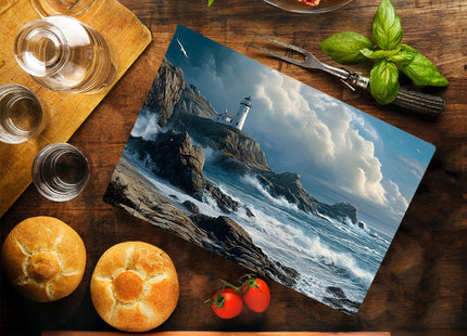 Lighthouse Coastal Shoreline Waves Sandy Beach Kitchen Glass Cutting Board Ocean Decorative Gift (Lighthouse Waves)