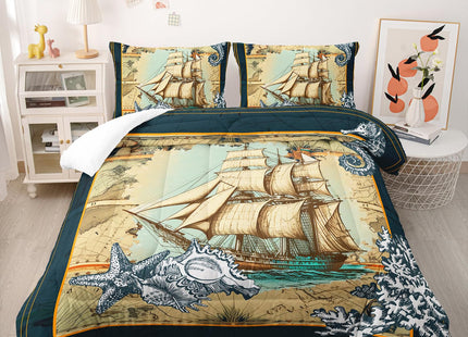 Nttopship Sailboat Bedding Comforter Set for Kids Teens and Adults Nautical Themed Printed Quilt Set for Bedroom 100% Soft Microfiber All Season Print Quilt Set with 1 Comforter and 2 Pillow Case
