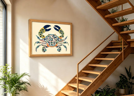 UAWRL Solid Wood Framed Watercolor Blue Coastal Crab Canvas Wall Art