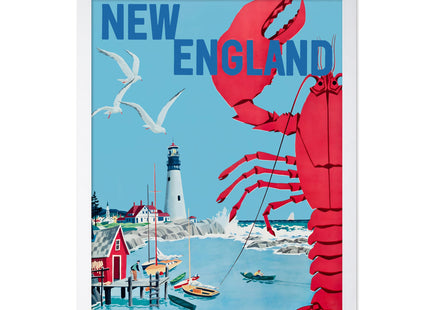 Poster Master Travel Poster - Tourism Print - New England, Lighthouse, Beach, Giant Crab Lobster, Seagulls, Sailboats - Gift for Artist, Friend - Wall Decor for Home, Office, 16x20 White Framed