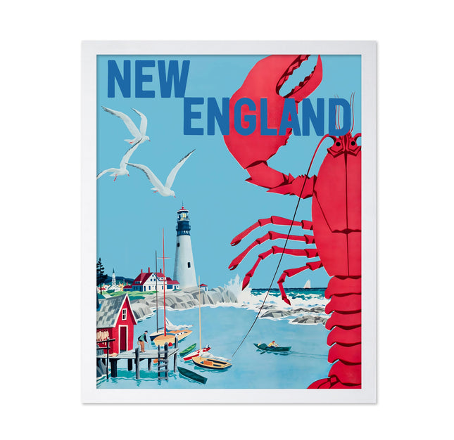 Poster Master Travel Poster - Tourism Print - New England, Lighthouse, Beach, Giant Crab Lobster, Seagulls, Sailboats - Gift for Artist, Friend - Wall Decor for Home, Office, 16x20 White Framed