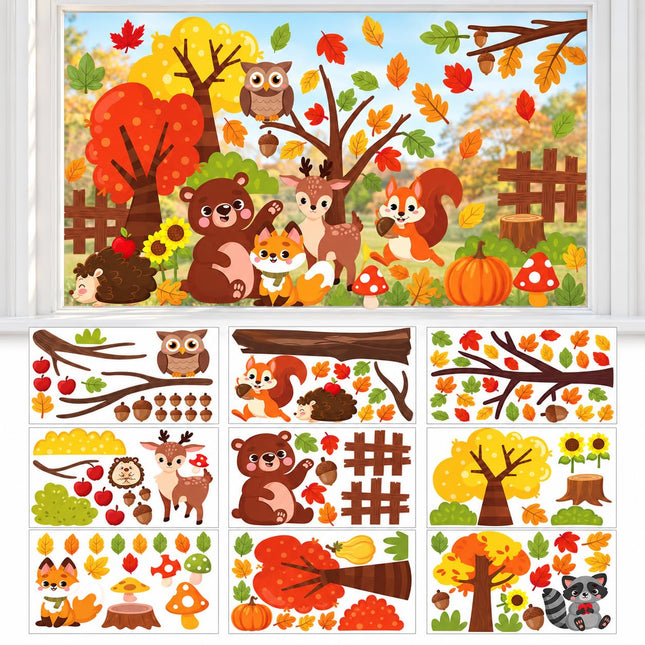 Cinrobiye 9 Sheets Fall Animal Window Clings, Thanksgiving Woodland Animals Window Stickers, Autumn Gel Decals for Windows Doors Walls Glass Mirrors Harvest Festival Seasonal Home Decor