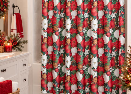 Christmas Vintage Poinsettia Pinecone Fabric Shower Curtain for Bathrooms