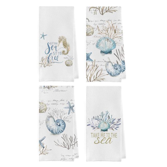 Geqtt Bluey Coastal Dish Towels Set - Seashell Waffle Weave Kitchen Towels, Ocean Themed Hand Tea Towels, Preppy Seashell Coastal Bathroom Decor (16x24 Inches Set of 4)