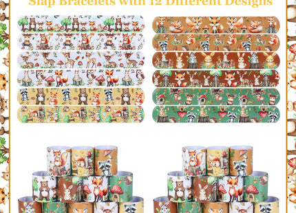 Serencatcher 48pcs Woodland Animals Slap Bracelets, Woodland Party Favors Include Bracelet Wristbands in 12 Styles for Forest Jungle Animal Birthday Party Decorations