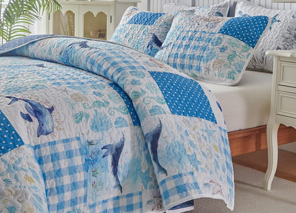 Patchwork Coastal Quilt Sets Queen Size - Reversible Microfiber Dolphin Turtle Ocean Style with Blue Whale Seahorse Soft Beach Bedding Nautical Bedspread Coverlet Summer Comforter with 2 Shams