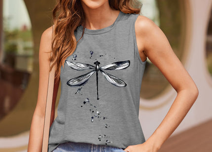 Dragonfly Printed Tank Tops Womens Crew Neck Sleeveless Summer Cute Tops Loose Fit Casual Shirts (Dragonfly Grey, XX-Large)