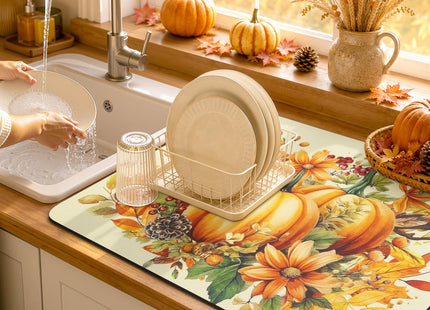 LOKHOM 12"x20" Fall Dish Drying Mat，Pumpkin Maple Leaves Floral