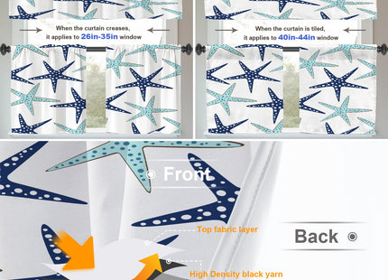 BaoNews Nautical Navy Blue Coastal Blackout Tier Curtains, Navy Blue Coastal Nautical Starfish Repeat Pattern Half Window Drapes for Kitchen with Rod Pocket,Room Darkening 2 Pack 26X24 Inches